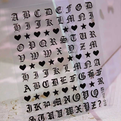 Old English Buchstaben Nagelaufkleber LTH-019 Gotische Alphabet Herz Stern Nail Art Decals Gold Schwarz Silber Holographisch DIY