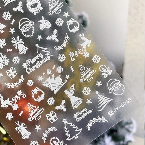 Adesivi per Unghie Natalizi in Rilievo 3D Bianco Babbo Natale Renna Fiocco di Neve Albero Decorazione Manicure Festiva