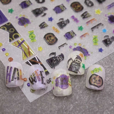 Halloween 5D Relief Nageltattoos Selbstklebende Kürbis Geist Fledermaus Motive Maniküre Sticker Für Festliche Partys Damen Dekoration