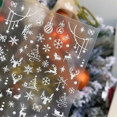 Adesivi per Unghie Natalizi 3D Bianco Opaco Alce Fiocco di Neve Rilievo Decalcomanie per Unghie JY-0075 Decorazioni Festive