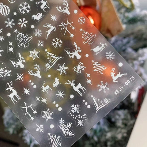 5D Geprägt Weiß Weihnachten Nagelaufkleber Rentier Schneeflocke Baum Selbstklebend DIY Nagel Abziehbilder Für Party Deko