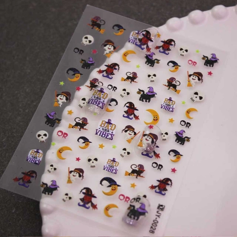 Halloween 3D Embossed Nail Art Stickers Witch Black Cat Skull Design Jelly Resin DIY Festive Manicure Decals For Women
