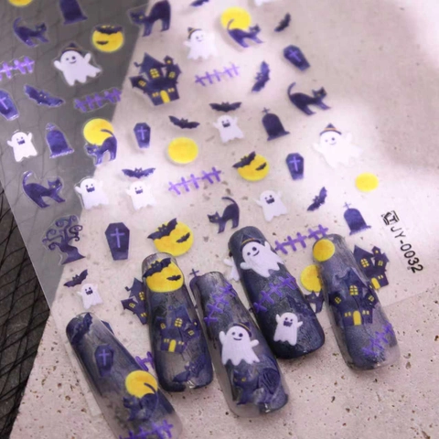 5D Geprägte Halloween Nagelaufkleber Geist Fledermaus Katze Kürbis Schloss Selbstklebende 3D Maniküre Decals Für DIY Nagel Deko