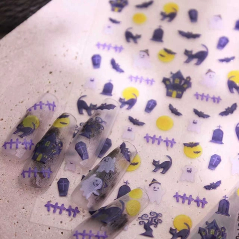 5D Geprägte Halloween Nagelaufkleber Geist Fledermaus Katze Kürbis Schloss Selbstklebende 3D Maniküre Decals Für DIY Nagel Deko