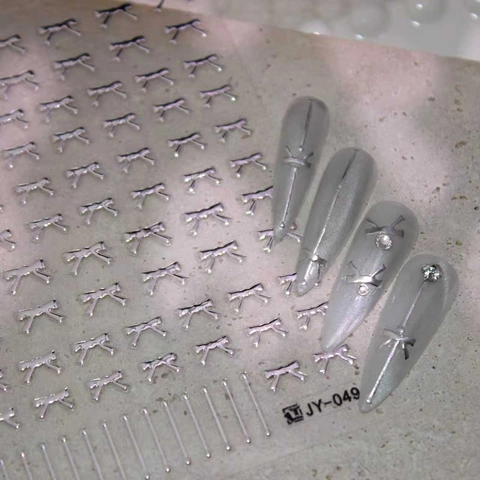 Silber Metallic Schleife Nagelaufkleber Acid Metal Stil Maniküre Decals Für Damen DIY Nageldekoration JY-049