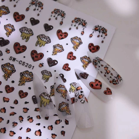 Leopard Lippenabdruck Herz Nagelkunst-Aufkleber Selbstklebend Rot Rosa Kiss Design Maniküre Aufkleber Für Damen DIY Nageldekoration