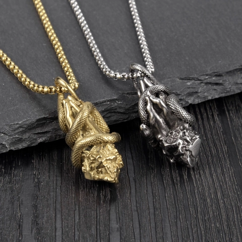 Collana con Ciondolo Serpente Mani in Preghiera in Acciaio al Titanio Gotico per Uomo Gioielli Religiosi Retro Punk Oro Acciaio