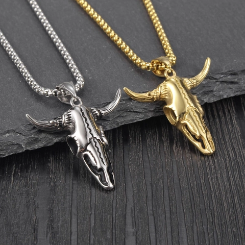 Gothic Punk Stier Schedel Hanger Ketting Voor Mannen Retro Titanium Staal Bull Head Bone Bedel Met Box Ketting Sieraden