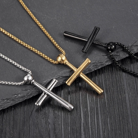 Collana Con Pendente a Croce Di Mazza Da Baseball In Acciaio Inossidabile Lucido Gioielli Sportivi Hip Hop Per Uomo E Donna