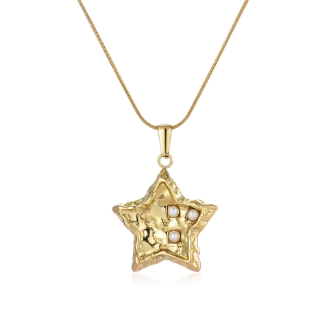 Collana con Ciondolo a Stella in Acciaio Inossidabile con Intarsio di Perle Artificiali Trama Martellata Placcata in Oro Catena da Clavicola per Donna