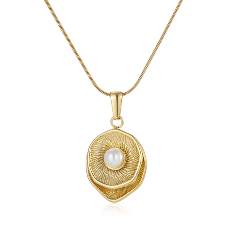 Stainless Steel Sunburst Texture Irregular Round Pendant Necklace With Artificial Pearl Gold Clavicle Chain For Women Jewelry