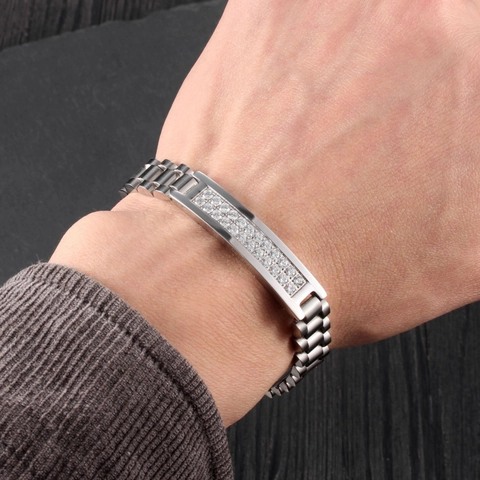 Bracciale Da Uomo In Acciaio Al Titanio Stile Cinturino Con Intarsio In Strass A Doppia Fila Gioielli Hip Hop Business Casual