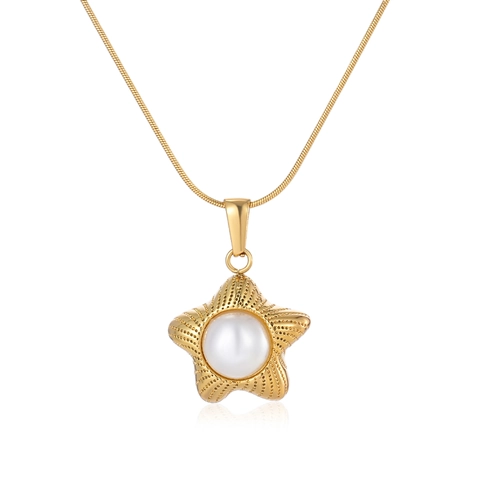 Fashion Stainless Steel Starfish Pendant Necklace With Artificial Pearl Ocean Series Gold Snake Chain Beach Jewelry For Women