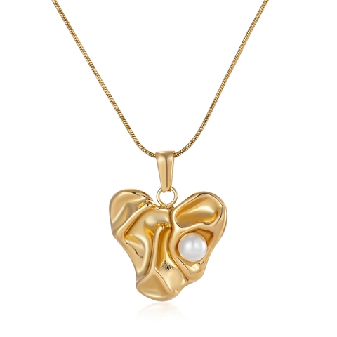 Collar con Colgante de Corazón de Acero Inoxidable de Lujo para Mujer Chapado en Oro Diseño Irregular con Perla Artificial Joyas Diarias