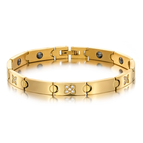 Mode Damen Titanstahl Magnettherapie Armband X-Form Mit Zirkonia Kleeblatt Design Vergoldet Gesundheit Schmuck