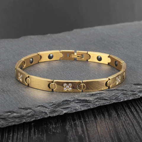 Mode Damen Titanstahl Magnettherapie Armband X-Form Mit Zirkonia Kleeblatt Design Vergoldet Gesundheit Schmuck