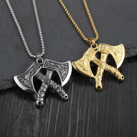 Collar de Colgante de Doble Hacha Vikinga Acero Inoxidable Punk Rock Joyería para Hombre Vintage Galvanizado Acero Oro Color Joyería Regalo
