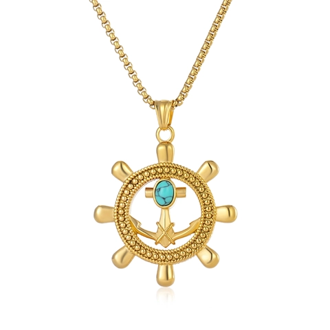 Collana con Pendente ad Ancora in Acciaio Inossidabile a Forma di Timone con Turchese Retro Punk Hip Hop Gioielli da Uomo