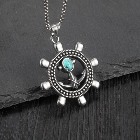 Collana con Pendente ad Ancora in Acciaio Inossidabile a Forma di Timone con Turchese Retro Punk Hip Hop Gioielli da Uomo
