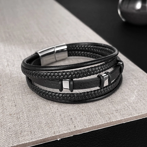Bracciale da Uomo Multistrato in Pelle Intrecciata Con Chiusura Magnetica in Acciaio Inossidabile Lucido Gioielli Punk Moda Uomo Nero Argento
