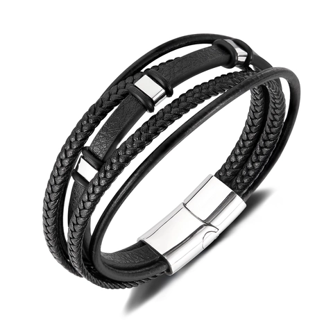 Bracciale da Uomo Multistrato in Pelle Intrecciata Con Chiusura Magnetica in Acciaio Inossidabile Lucido Gioielli Punk Moda Uomo Nero Argento