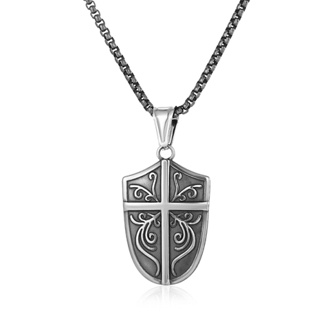 Retro Roestvrij Staal Kruis Schild Hanger Halsketting Voor Heren Viking Ridder Stijl Gotische Boxketting Antiek Zilveren Sieraden