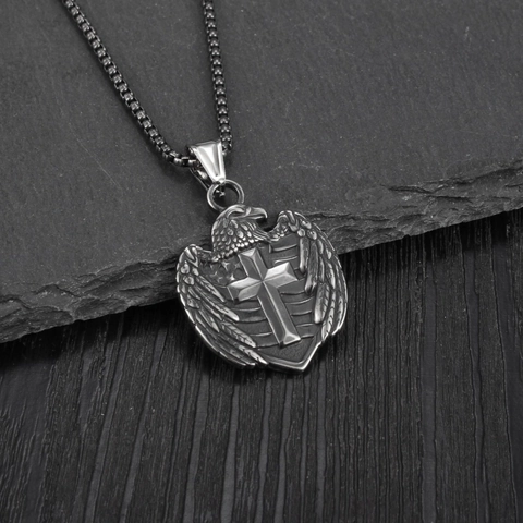 Vintage Roestvrij Stalen Adelaar Kruis Schild Hanger Ketting Voor Mannen Retro Punk Gotische Religieuze Sieraden