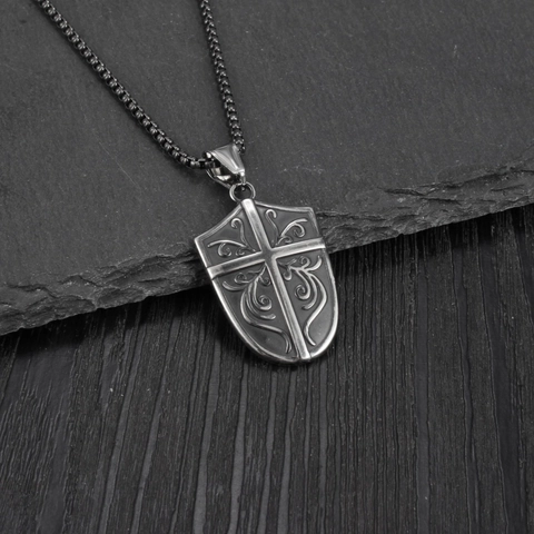 Retro Roestvrij Staal Kruis Schild Hanger Halsketting Voor Heren Viking Ridder Stijl Gotische Boxketting Antiek Zilveren Sieraden