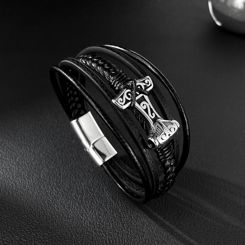 Bracciale in Pelle Intrecciata Multistrato Vintage Vichingo Martello di Thor Mjölnir per Uomo Chiusura Magnetica in Acciaio Inossidabile Gioielli