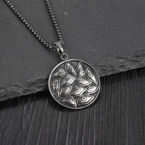 Collana Con Ciondolo Malocchio Tondo in Acciaio Inossidabile Retrò Gioielli Hip Hop Gotico Invecchiato per Unisex