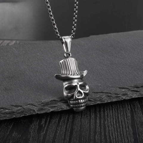 Collar con Colgante de Calavera de Acero Inoxidable Retro Punk Con Sombrero de Copa Gótico Hip Hop Joyería Hombre Mujer Acabado Plata Pulida