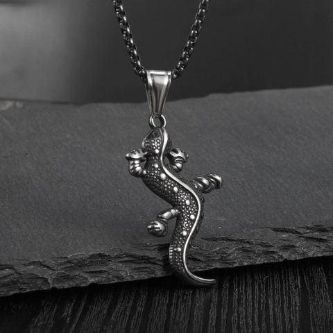 Collana con Pendente Lucertola Geco in Acciaio Inossidabile Vintage Punk per Uomo Retro Hip Hop Forma Animale Gioielli Regalo