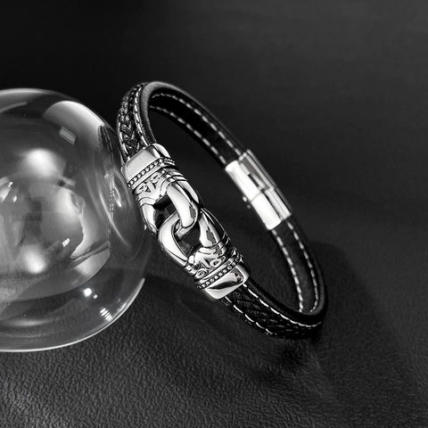Pulsera de Cuero Trenzado Vintage para Hombre con Cierre Magnético de Acero Inoxidable Estilo Punk Brazalete Tejido Negro Joyería de Regalo