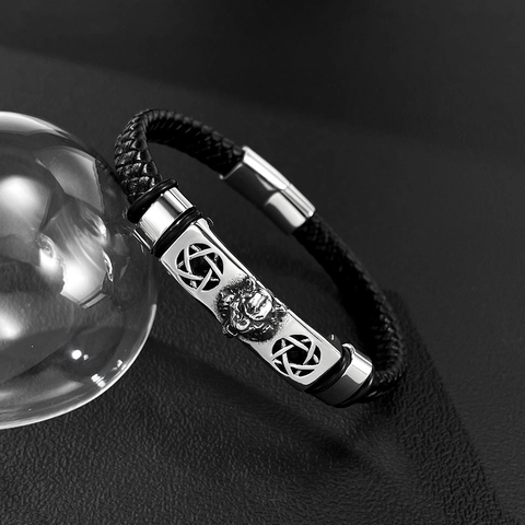 Men Personalized Braided Leather Bracelet With Stainless Steel Lion Head Star Pattern Hip Hop Punk Jewelry Gift