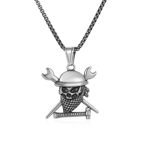 Vintage Stainless Steel Skull Pendant Necklace Boilermakers Industrial Style Wrench Hammer Skull Jewelry For Men Women