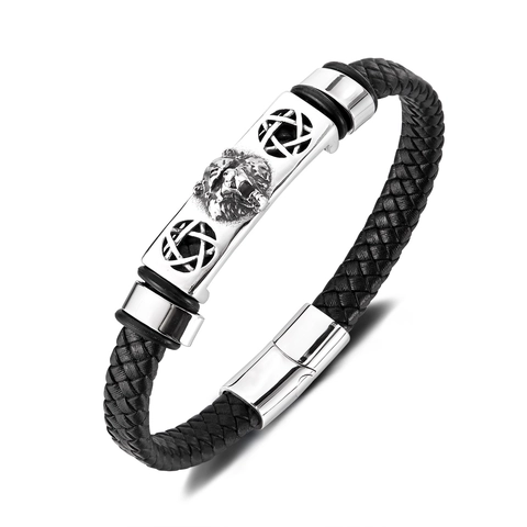 Men Personalized Braided Leather Bracelet With Stainless Steel Lion Head Star Pattern Hip Hop Punk Jewelry Gift