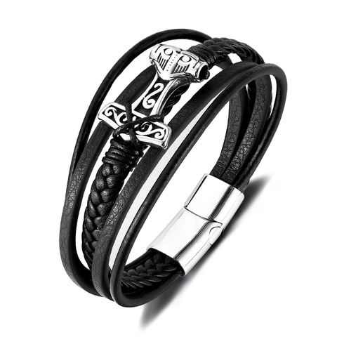 Bracciale in Pelle Intrecciata Multistrato Vintage Vichingo Martello di Thor Mjölnir per Uomo Chiusura Magnetica in Acciaio Inossidabile Gioielli