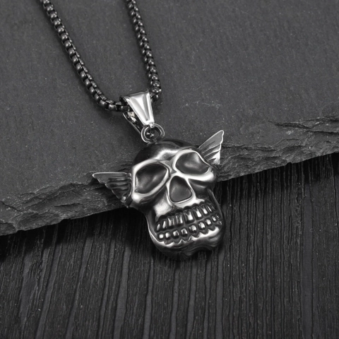 Vintage Edelstahl Totenkopf Mit Flügeln Anhänger Halskette Gotisch Punk Poliert Biker Schmuck Für Herren Damen Alltag Accessoire