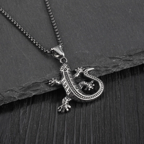 Collana con Ciondolo Lucertola in Acciaio Inossidabile Vintage Gioielli Animali Gecko Punk Biker Accessori per Uomo Unisex