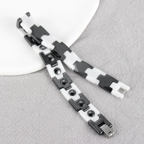 Unisex Ceramic Magnetic Bracelet Fashion Geometric Black White Contrast Color Link Wristband Polished Health Jewelry Accessory