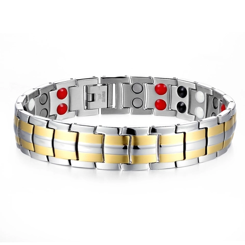 Pulsera Magnética de Acero Inoxidable para Hombre Moda Bicolor Oro Plata Doble Fila Joyería de Salud Pulsera