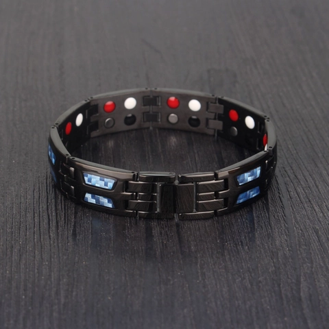 Herren Titanstahl Magnettherapie Armband Schwarz Blau Kohlefaser Inlay Zweireihig Magnet Gesunde Energie Gliedμαrmband Schmuck