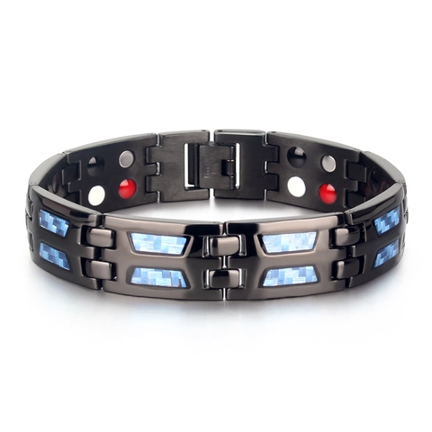 Herren Titanstahl Magnettherapie Armband Schwarz Blau Kohlefaser Inlay Zweireihig Magnet Gesunde Energie Gliedμαrmband Schmuck