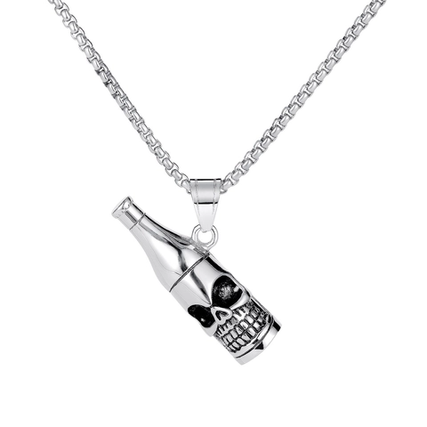 Collana con Ciondolo a Forma di Bottiglia di Vino con Teschio in Acciaio al Titanio da Uomo Vintage Punk Gotico Apribottiglie Gioielli