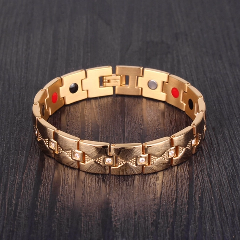 Men's Vintage Gold Titanium Steel Magnetic Health Bracelet With Rhinestone Inlaid Functional Link Chain Bracelet Jewelry
