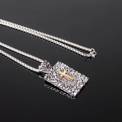 Vintage Titaniumstaal Kruis Hanger Halsketting Voor Heren Religieuze Rotstextuur Hanger Mode Sieraden Cadeau