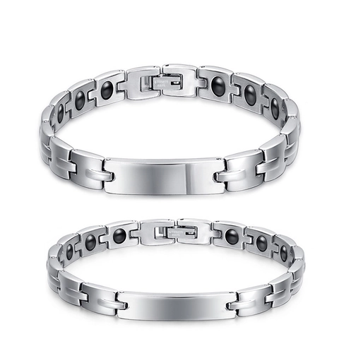 Bracciali per Coppia in Acciaio Inossidabile con Magnetoterapia Bracciale a Catena con Targhetta ID Lucida per Uomo Donna