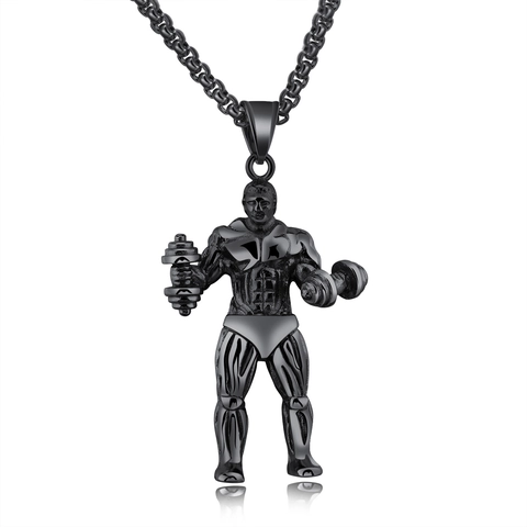 Titanium Steel Bodybuilding Muscle Man Dumbbell Pendant Necklace For Men Fitness Gym Sports Personality Electroplated Jewelry