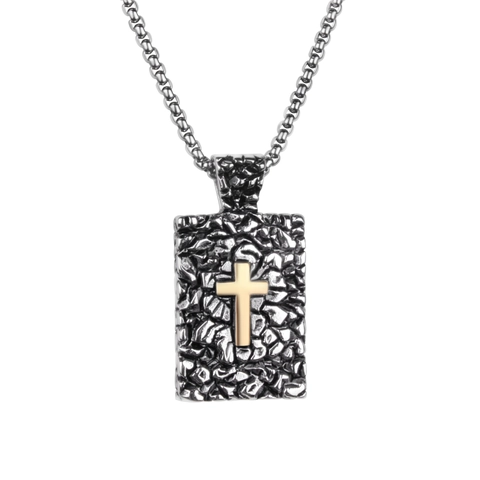 Vintage Titaniumstaal Kruis Hanger Halsketting Voor Heren Religieuze Rotstextuur Hanger Mode Sieraden Cadeau