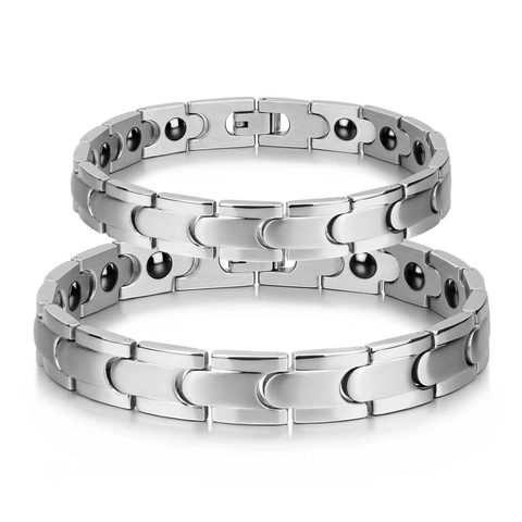 Bracelet de Magnétothérapie en Acier au Titane pour Couples Bijoux Énergie Santé Chaîne à Maillons en U Poli Brossé